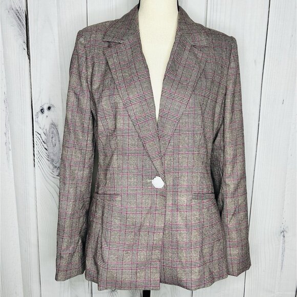 NWT Boston Proper Glen Plaid Single Button Lined Business Blazer Sz 12 Gray Pink - Picture 1 of 11